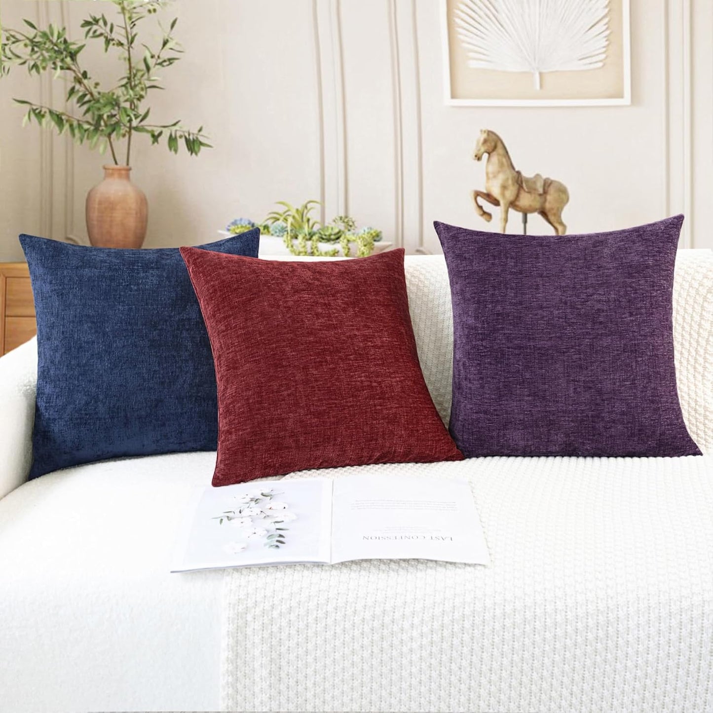 CaliTime Throw Pillow Covers Decorative 26 X 26 Inches Pack of 2 Cozy Chenille Cushion Cases for Couch Sofa Bed Living Room Home Burgundy