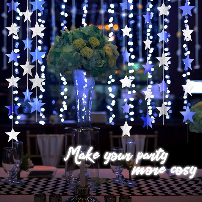 Patelai Glitter Star Garland Banner 2026 Graduation Decor 130 Feet Star Hanging Banner Twinkle Backdrop for Party Birthday Classroom Wedding Supplies(Ocean Blue, Glitter Silver)