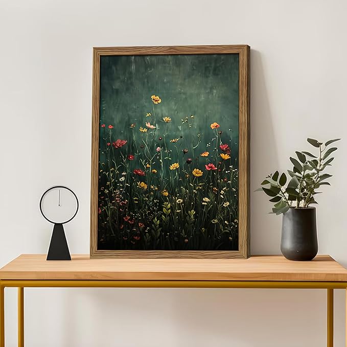 Wildflower Field Framed Wall Art, Vintage Botanical Flower Wall Decor, Modern Farmhouse Floral Canvas Art, Green Field Landscape Pictures Artwork for Living Room Bedroom – 8x10 inch