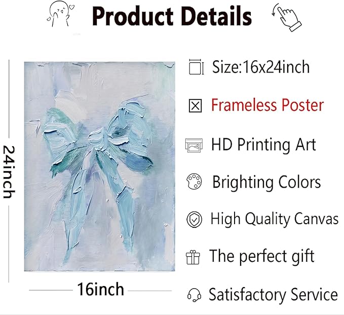 3Pcs Trendy Blue Bow Canvas Wall Art Vintage Cute Preppy Watercolor Bow Painting Pictures Wall Decor Posters Prints Girly Aesthetic for College Apartment Bedroom Decoration Unframed