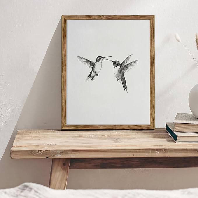 Vintage Wall Art Framed Hummingbird Canvas Print, Modern Farmhouse Birds Wall Decor, Living Room Sketch Painting Picture, Minimalist Black and White Bird Bedroom Decor – 16x24 inch