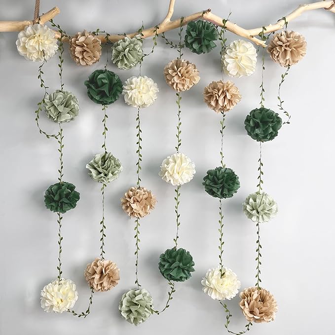 Sage Green Beige Party Decorations Tissue Paper Flowers Pom Pom with Leaf Ribbon Hanging Garland Streamer for Neutral Baby Shower Birthday Wedding Bachelorette Safari Jungle Woodland Party Supplies