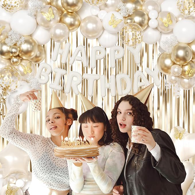 White and Gold Birthday Decorations for Women Girls, Pearl White Gold Foil Confetti Balloons Happy birthday Banner Gold Butterfly Fringe Curtains for Birthday Party Baptism Communion Decorations