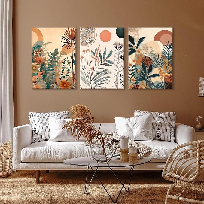 LYPHNX Framed Boho Burnt Orange Botanical Floral Canvas Wall Art Abstract Terracotta Jungle Poster Pictures Set of 3 Flower Prints Painting Home Decor for Bathroom Bedroom Living Room 16"x24"