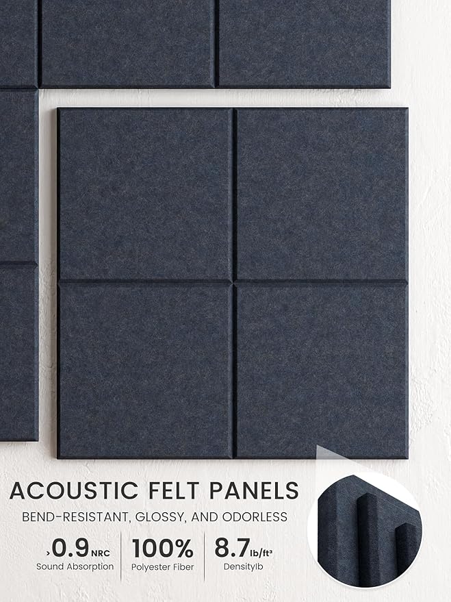 Bumusty Large Felt Bulletin Board, 48" x 36" Cork Board Alternative, 12-Pack Wall Tiles with 4-Compartment Design, 30 Push Pins, 70 Adhesive Tabs, Ideal for Office & Home Decor, Deep Charcoal Blue