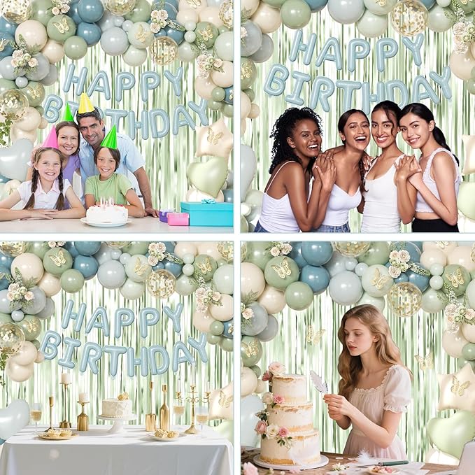 Blue and Green Birthday Decorations, Dusty blue Sage green Light Green Blue Sand White Gold Foil Confetti Balloons Happy birthday Banner Gold Butterfly Fringe Curtains for Birthday Party Decorations