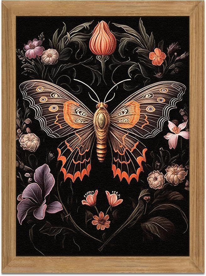 Framed Vintage 3D Textured Wall Art - Gothic Butterfly Wall Decor - Hand Drawn Sandstone Nature Botanical Pictures for Living Room Bedroom Home Decor 16x24 inches
