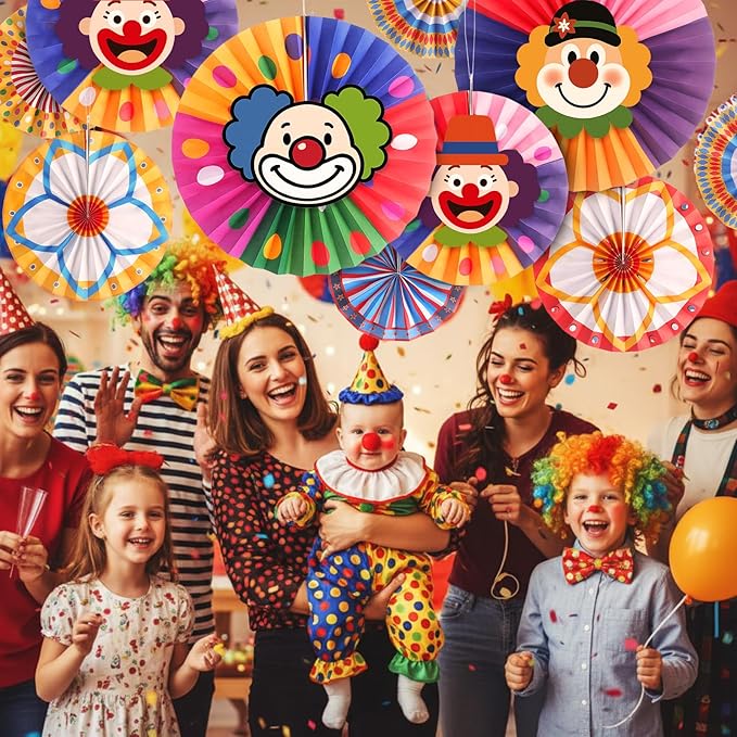 Outus 13 Pcs Carnival Party Decoration Set Hanging Circus Theme Party Ceiling Classroom Decorations with Clown Face Cutouts Carnival Circus Hanging Paper Fans Decor Birthday Favor Supply