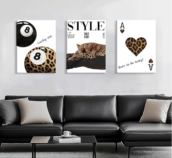 3pcs Framed Fashion Leopard Print Canvas Wall Art Cheetah Paintings Wall Decor Stylish Lucky 8 Ball Posters Prints College Style Room Aesthetic Pictures for Girls Bedroom Apartment Dorm Decoration