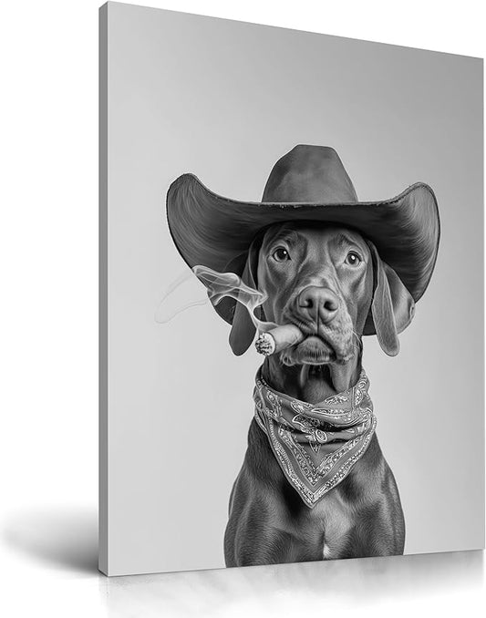 KensTro Funny Bathroom Wall Art Decor,12" x 16" Framed Canvas Bathroom Wall Art Picture,Black and White Vizsla Cowboy Art Print Wall Art Animal Abstract Prints,Wall Decor for Kid's Room,1Pack Gift