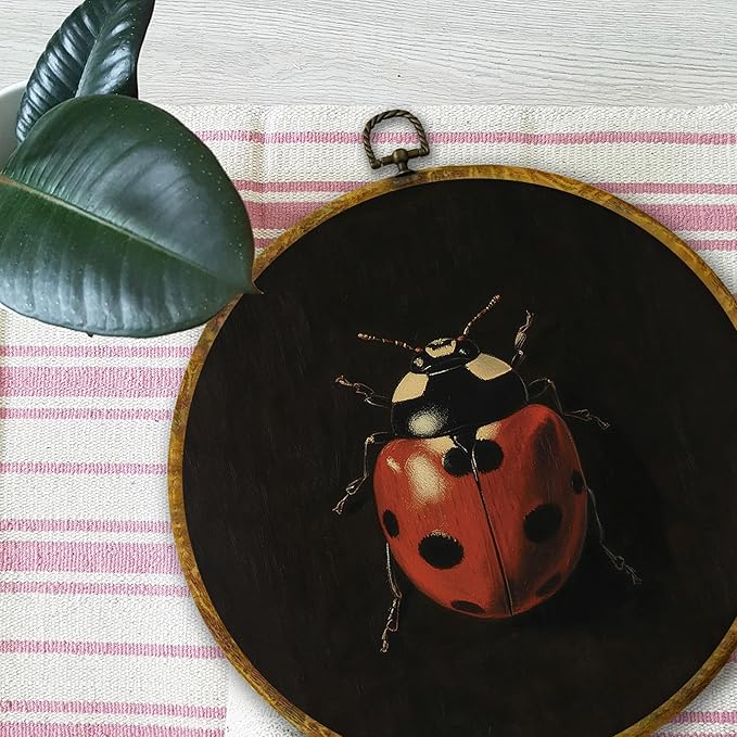 Mcehtle Moody Ladybug Wall Art Decor, Vintage Dark Academia Nature Insect Framed Canvas Prints 10x10, Minimalist Botanical Bug Round Wall Hanging Artwork Decorations for Bedroom Gallery