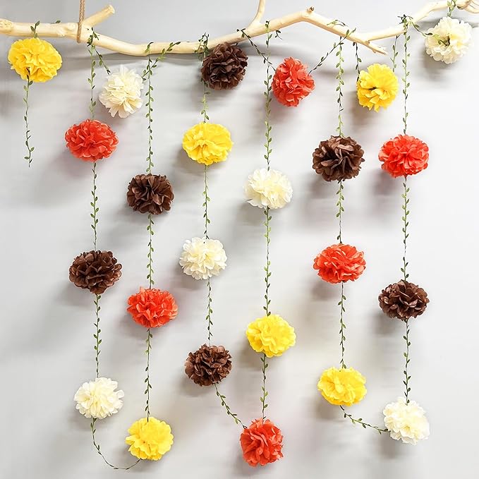 Fall Party Decorations Orange Yellow Brown Beige Tissue Paper Flowers Pom Pom Leaf Ribbon Hanging Garland Streamer for Thanksgiving Harvest Birthday Bachelorette Baby Shower Wedding Party Supplies