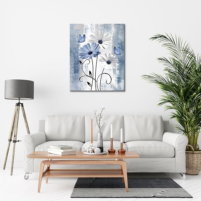 MYUSRE Farmhouse Blue Floral Wall Art for Living Room, Blue and White Daisy Butterfly on Abstract Geometric Canvas Wall Art Country Flower Pictures for Bedroom Bathroom Home Decor,10L X 8W inches