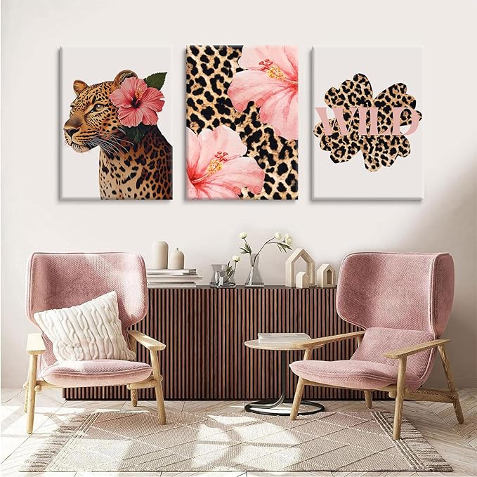 Trendy Leopard Wall Art Pink Cheetah Print Room Decor Leopard Flower Canvas Wall Decor Cheetah Aesthetic Poster Girly Pink Preppy Picture Funky Y2k Artwork for Girl Bedroom 16x24x3 Inch Wrapped Canvas