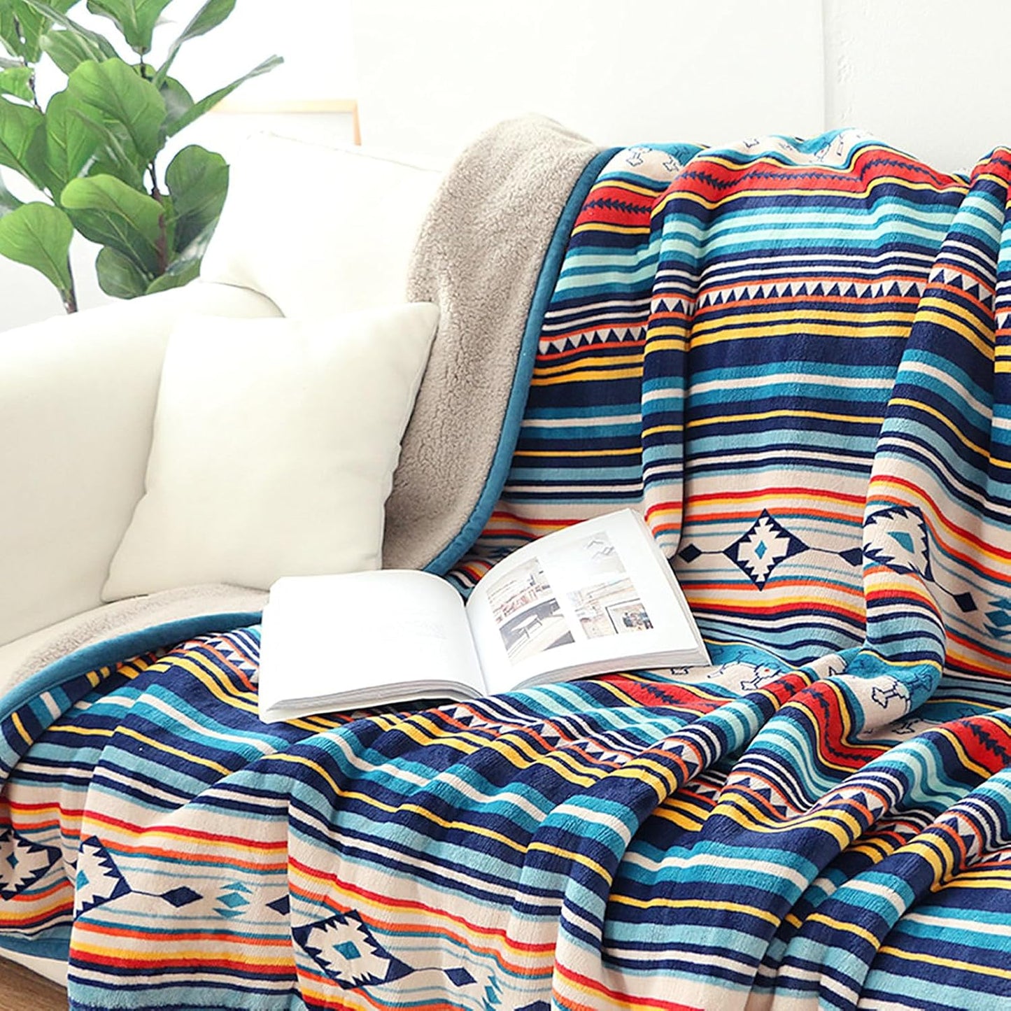 UKELER Bohemian Sherpa Throw 80'' x 60''- Soft Plush Flannel Boho Throw Blankets for Bed/Couch/Sofa/Office/Camping