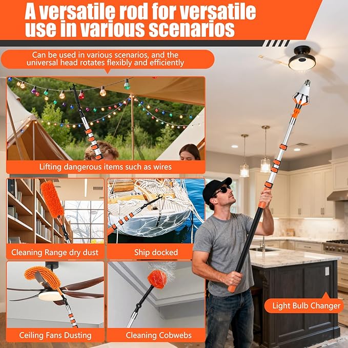 20FT Light Bulb Changer for High Ceilings with 5-12FT Heavy Duty Extension Pole,High Ceiling Fan Duster Extendable Reusable Cobweb,Feather,Window Cleaning Squeegee Kit for Home & House,Interior Roof
