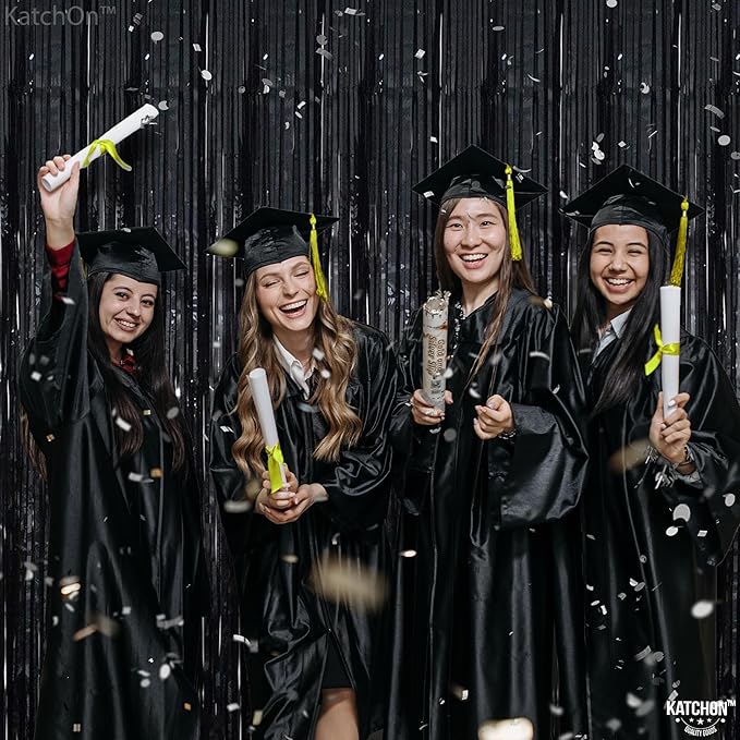 KatchOn XtraLarge Black Streamers - 3.2x8 Feet, Pack of 2 | Fringe Backdrop for Black Party Decorations | Tinsel Backdrop for Graduation Decorations 2026 | Black Streamers Party Decorations