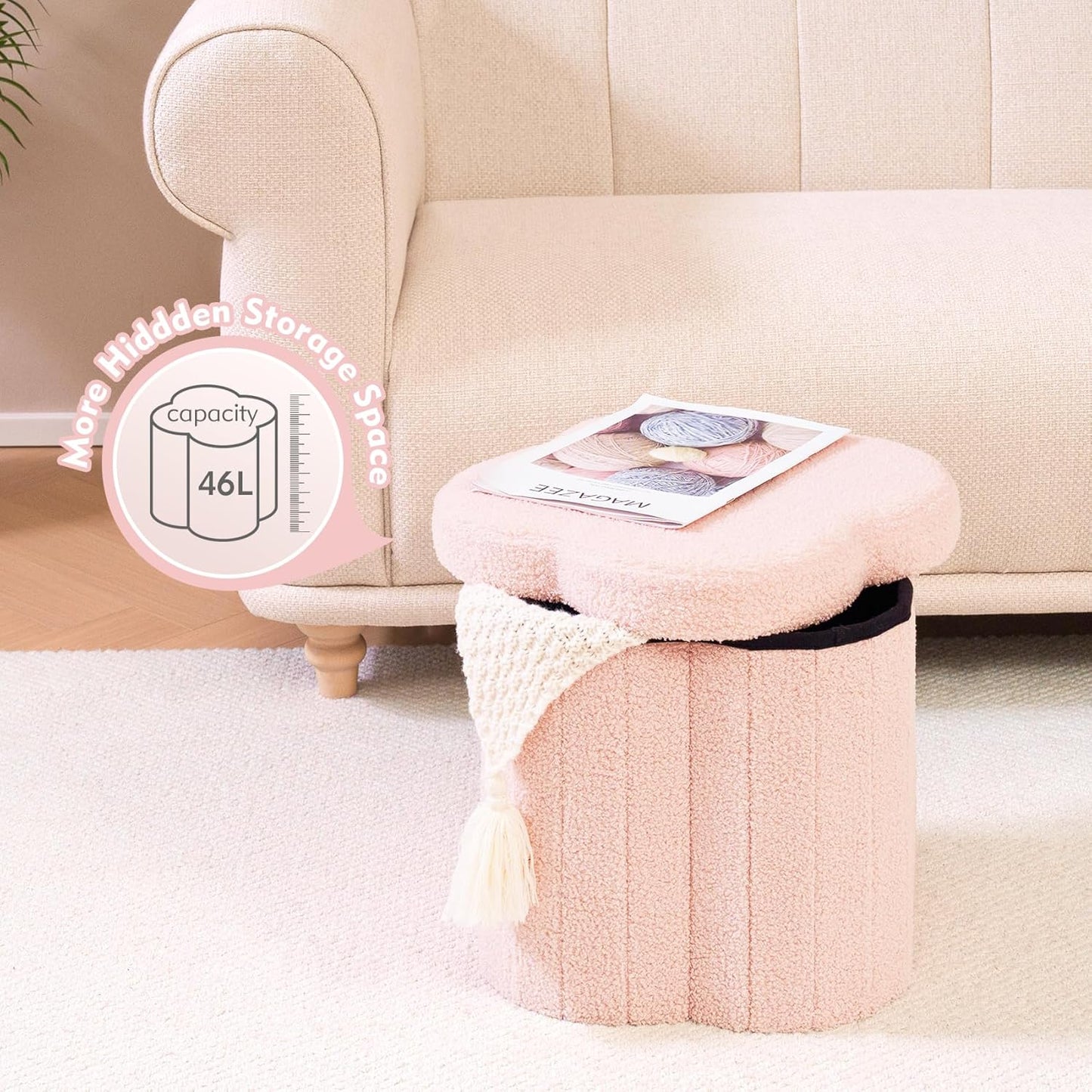 B FSOBEIIALEO Storage Ottoman Cube, Flowers Shaped Ottomans with Storage Foot Stool Footrest, Boucle Ottoman Seat for Dorm Room, Faux Teddy Fur, Pink 15"x15"x15"