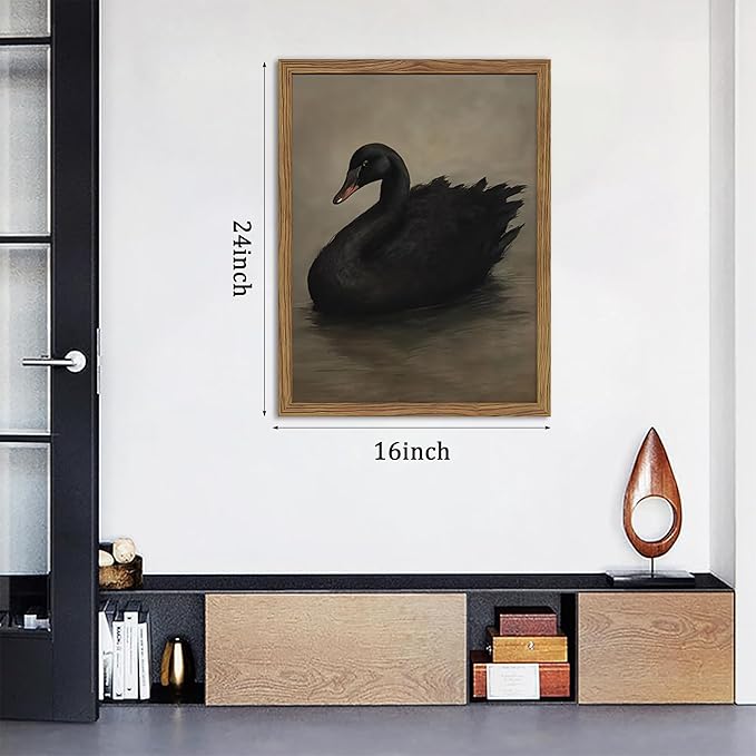 Framed Black Swan Wall Art, Dark Academia Gothic Swan Canvas, Vintage Victorian Animal Pictures Prints, Rustic Farmhouse Wall Decor for Living Room Bedroom Bathroom – 16x24 inch
