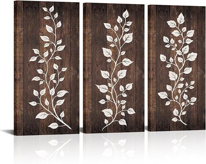 HOMEOART Rustic Brown Leaf Print Farmhouse Kitchen Wall Decor Leaf Decor Picture Botanical Art Bathroom Bedroom Living Room Dining Room Decoration, Framed 8x16inchx3Pieces