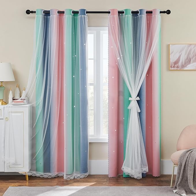 XiDi Curtains for Bedroom Decor, Rainbow Pinkgreen grey52/90