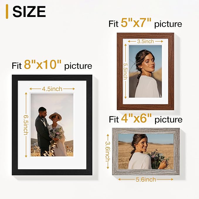 Vittanly 10 Pack Picture Frames, Picture Frames Collage Wall Decor with Two 8x10, Four 5x7, Four 4x6 Photo Frames, Gallery Wall Frame Set for Wall or Tabletop Display, Black, Walnut Brown, Dark Grey