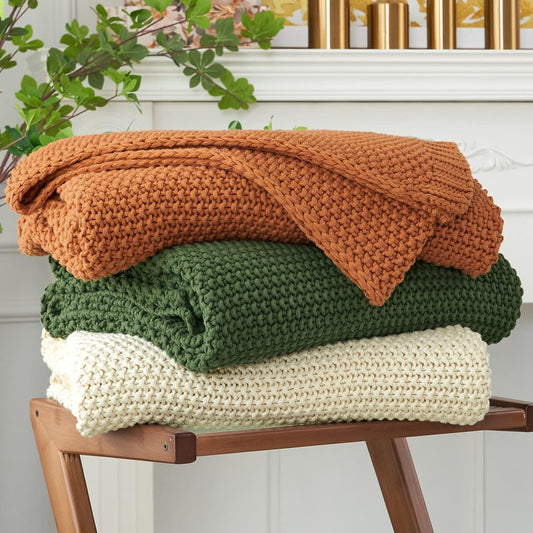 Longhui bedding Chunky Cable Knit Throw Blanket Lightweight Cream 100% Organic Cotton Blanket for Sofa Couch Bed Baby Nursery, Rustic Shabby Chic Modern Farmhouse, 60” x 80” Give Laundering Bag