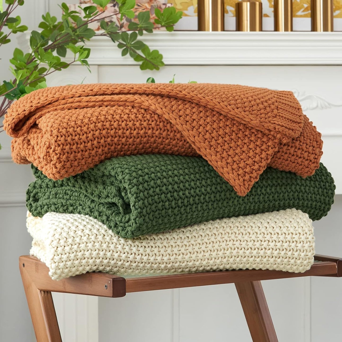 Chunky Cable Knit Throw Blanket Lightweight Burnt Orange 100% Organic Cotton Blanket for Sofa Couch Bed Baby Nursery, Rustic Shabby Chic Modern Farmhouse, 60” x 80” Give Laundering Bag