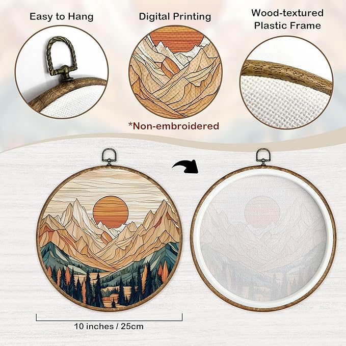 TLESKE Boho Vintage Sun Round Wall Art Decor Framed 10x10, Neutral Sunrise Mountain Woodland Canvas Wall Art Prints Artwork, Gothic Moody Wall Hanging Room Door Decor for Bedroom Living Room