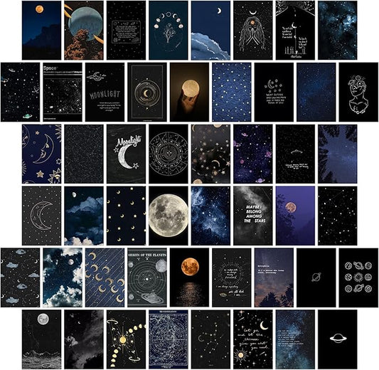 Astronomy Wall Collage Kit Aesthetic Pictures, Moon Stars Photo Collage Kit Dorm Room Decor for Teen Boy Girl, Moonlight Aesthetic Room Decor Photo Collection for Bedroom (50pcs 4x6 inch)