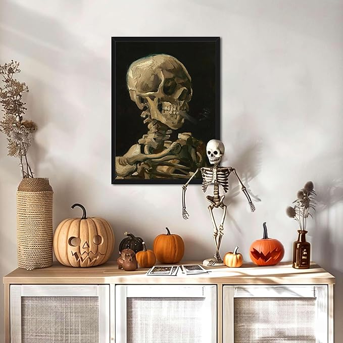 Framed Vincent Van Gogh Skull with Cigarette Canvas Wall Art - Skeleton Paintings Wall Decor, Post-Impressionism Gothic Picture Aesthetic for Halloween Decor Bedroom Living Room Artwork 16x24 inch