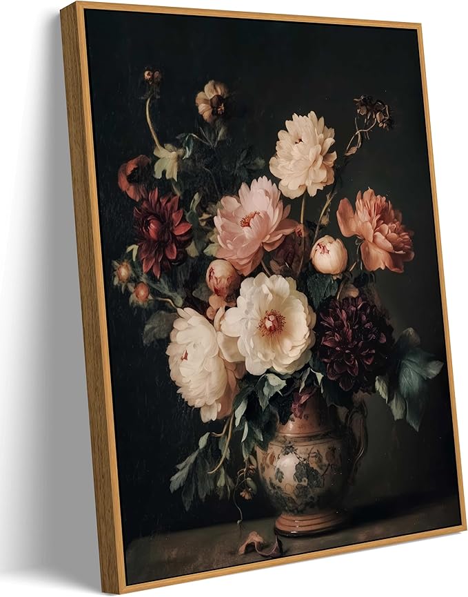 Framed Vintage Dark Floral Wall Art Moody Flower Picture Wall Decor Retro Antique Still Life Painting Print Artwork for Bedroom Bathroom Home Decoration 8x10in