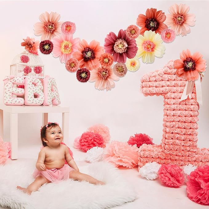Crowye 12 Pcs Large Colorful Tissue Paper Flowers Decorations 20" Giant Fiesta Craft Crepe Paper Flowers for Wall Decor Backdrop Mexican Wedding Birthday Carnival Party (Vintage Color)