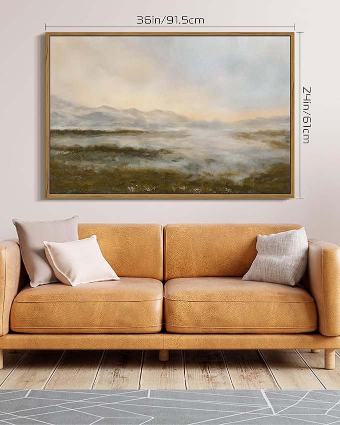 SHENIFY Vintage Framed Wall Art Rustic Foggy Mountain Landscape Scenery Home Decor Retro Wilderness Decorations for Farmhouse Bedroom Ready to Hang Wall Artwork - 24x36in Natural Framed
