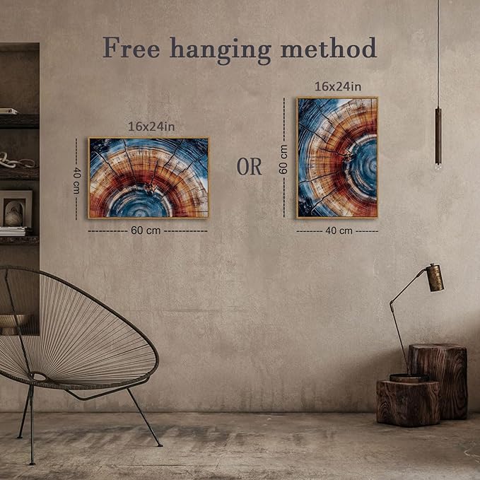 BingruiArt Framed Tree Ring Wall Art Blue and Red Boho Wall Decor Nature Print Wood Canvas Rustic Artwork Abstract Painting Modern Picture for Living Room Bedroom Bathroom 16"x24" Natural Framed(01)
