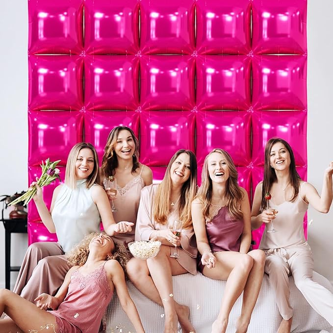 NISOCY 25PCS Hot Pink Square Foil Balloons Wall Backdrop Double Sided Rose Red Balloon Tunnel Arch Kit for Birthday Valentine Wedding Anniversary Bachelorette Bridal Baby Shower Party Decorations