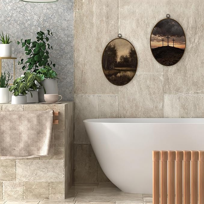 Gnmduw Vintage Moody Landscape Oval Wall Art Framed, Rustic Farmhouse Scene Canvas Prints Hanging Decorations, Antique Dark Scenery Wall Decor for Bedroom Living Room Bathroom, 8.7x11.3 Inch