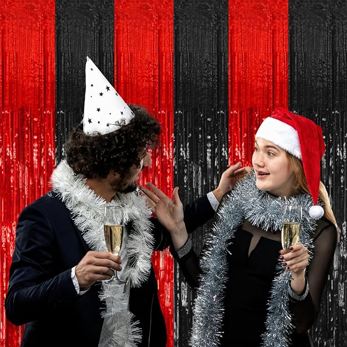 5 Pack Black and Red Party Backdrop Streamers Decorations Foil Fringe Curtains Metallic Tinsel Backdrop for Birthday Halloween Christmas New Year Fancy Ball Graduation Party Decor
