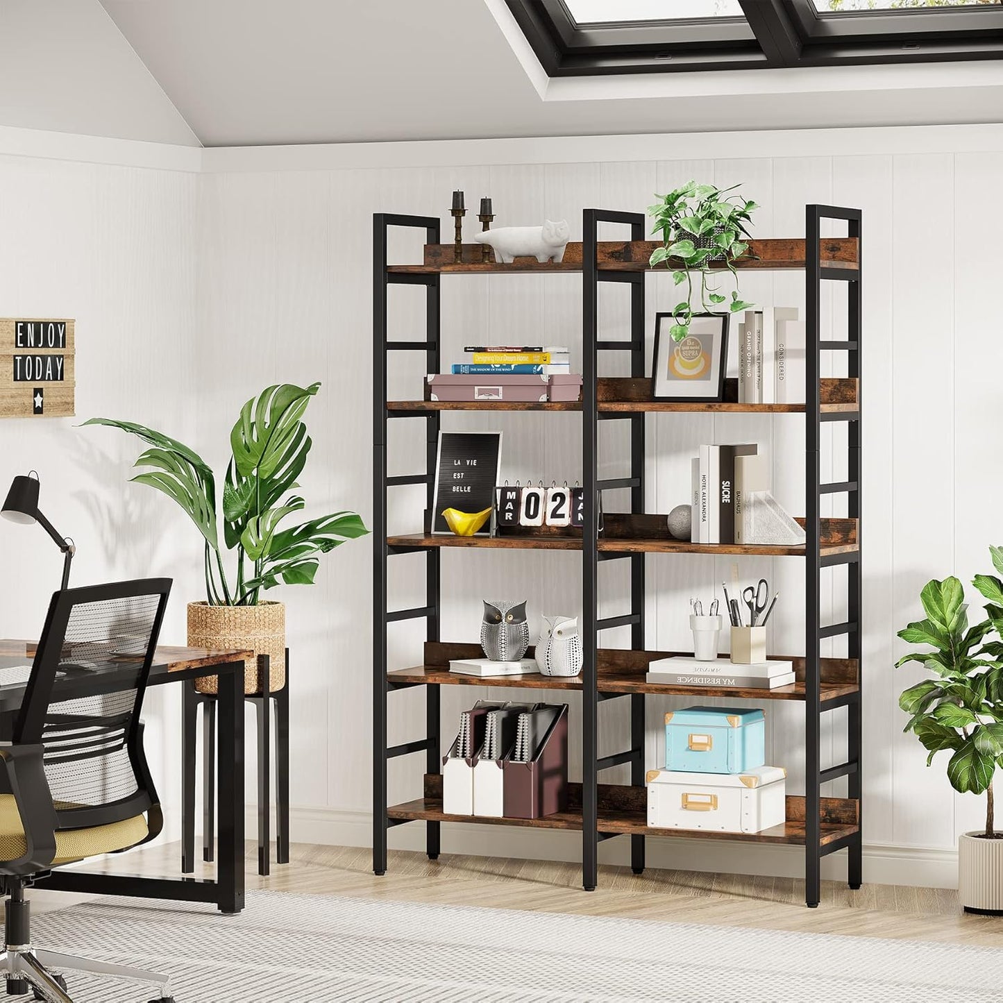 Tribesigns 5-Tier Industrial Bookshelf, 71”H x 47”W Etagere Bookcase, Freestanding Double Wide Book Shelf for Storage and Display, Wood and Metal Bookshelves for Living Room Home Office, Rustic Brown