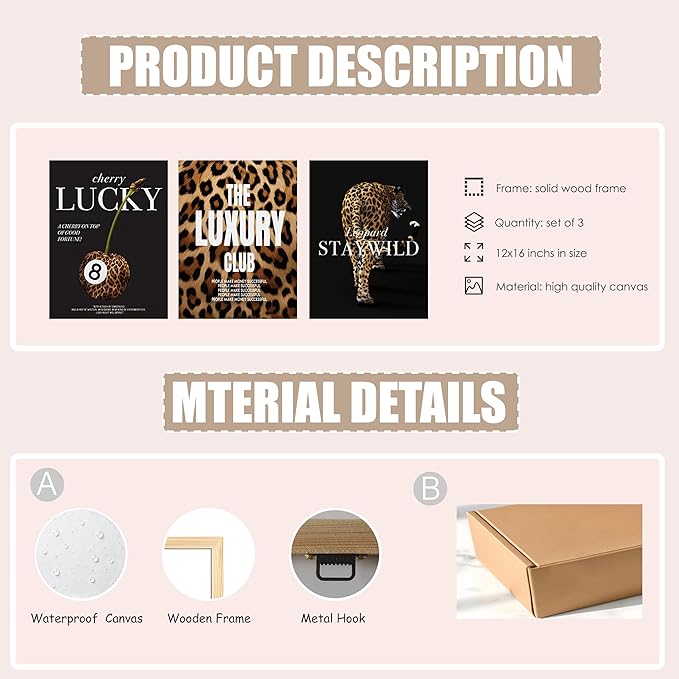Fashion Leopard Wall Art Set of 3, Trendy Animal Print Canvas Wild Cheetah Inspirational Lucky 8 Ball Painting Wall Decor Artwork for Girls Bedroom Living Room Office Bar Home Decor 12x16 in Framed