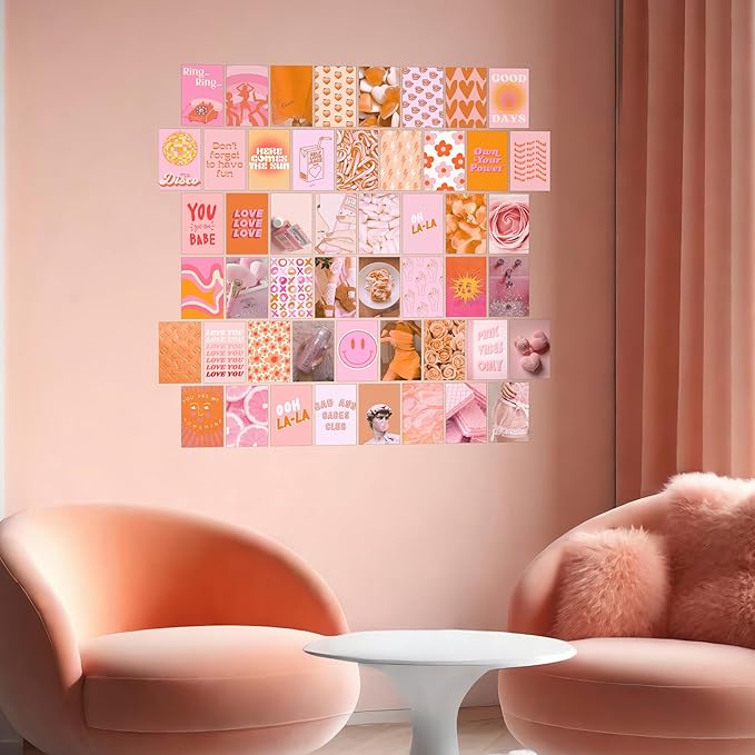 Pink and Orange Room Decor Aesthetic, Peach Wall Collage Kit Posters for Teen Boys Girls (50pcs 4x6 inch)