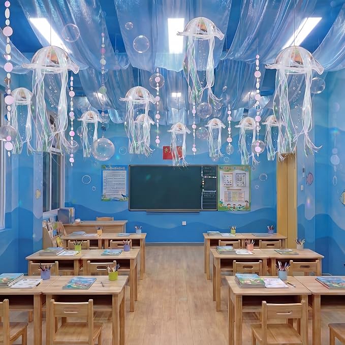 1.97 x 9.83 ft 11 Pcs Ocean Classroom Ceiling Decoration Kit Summer Under The Sea Beach Classroom Decoration Coastal with 3 Blue Organza and 4 Jellyfish 4 White Disc for Party Office School