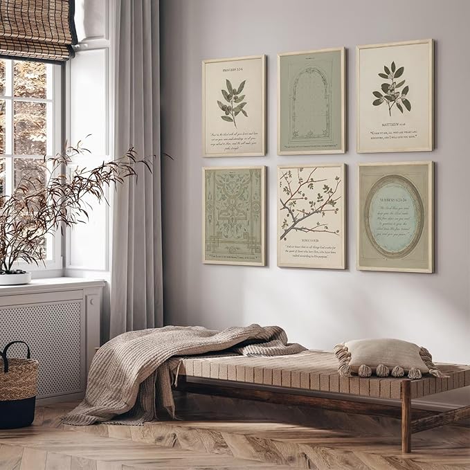 Sage Green Christian Wall Art Posters Vintage Bible Verse Canvas Wall Decor Scripture Botanical Art Prints Religious Picture Christian Painting Artwork for Living Room Bedroom 8x10x6 Inch Wood Framed