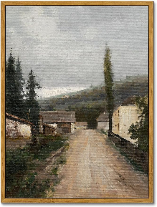 KBKBART Framed Wall Art, Vintage European Village Country Canvas Art Prints Farmhouse Decor, Vintage Oil Painting Picture, Rustic Landscape Wall Decor for Bathroom, Bedroom Living Room, Vintage Art(12"x16")