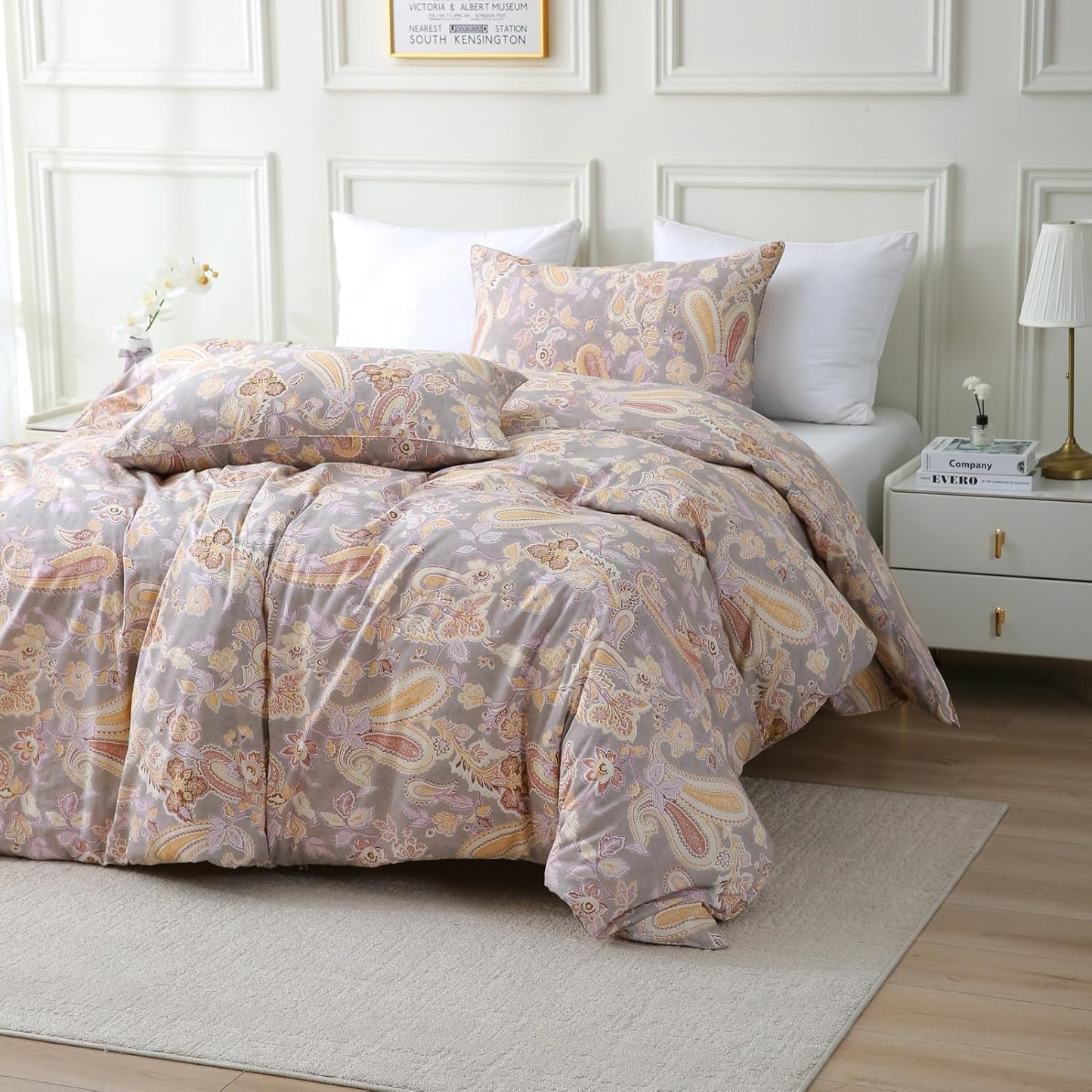 ABREEZE Paisley Bedding Sets 3Pcs Brushed Cotton Duvet Cover Set King Size Rustic Damask Gold Floral Comforter Cover with Zipper Closure Boho Bedding Collections
