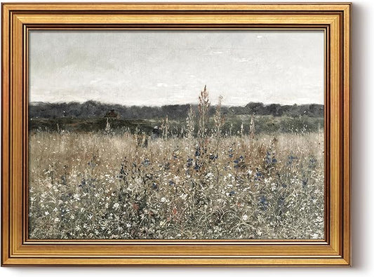 HUARCEY Gold Framed Canvas Wall Art Prints, Living Room Vintage Art Aesthetic, Wildflower Field Floral Landscape Paintings Farmhouse Decor, Retro Decoration for Bedroom Bathroom, 12x16Inch