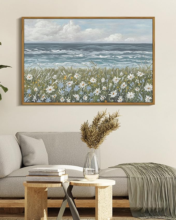 SHENIFY Vintage Landscape Framed Wall Art Sea Coastal Wildflower Field Scenery Farmhouse Decor Retro Painting for Living Room Bedroom Ready to Hang Wall Artwork - 16x24in Natural Framed
