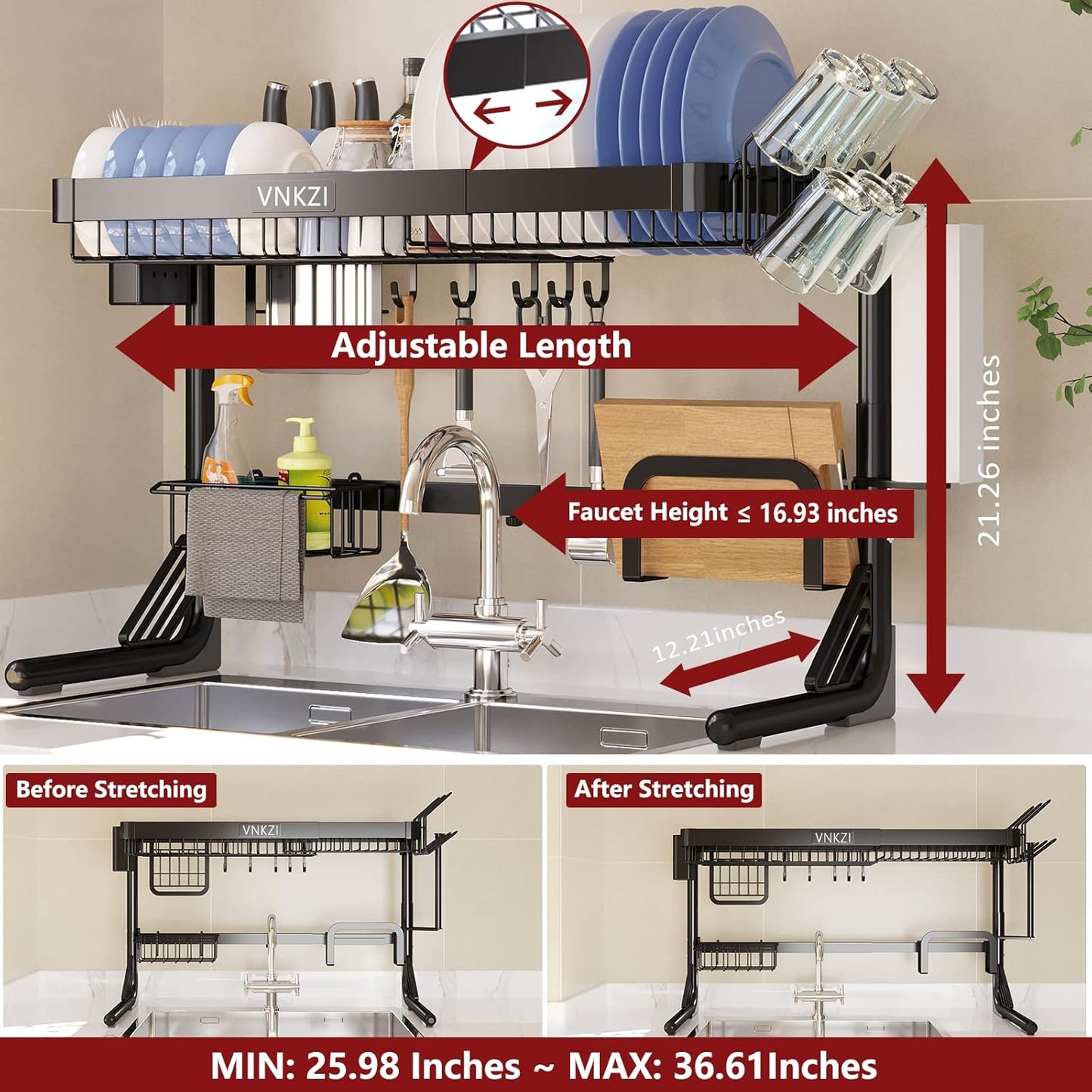 VNKZI Over Sink Dish Drying Rack, 2 Tier Full Stainless Steel Storage Adjustable Length (25.98'' to 36.61'') Kitchen Rack, Multifunctional Expandable Counter Organizer, Space Saver Dish Rack