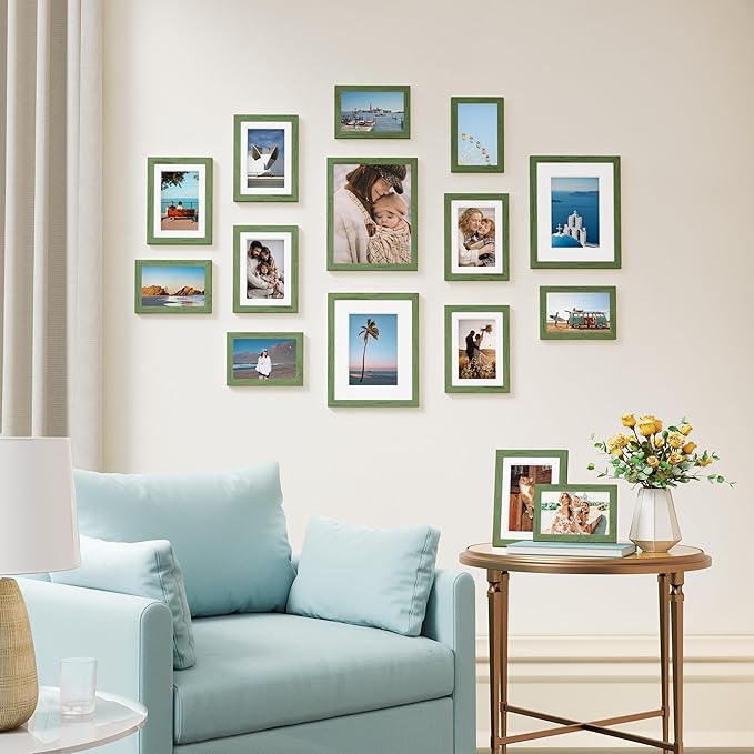Vittanly 15 Pack Picture Frames Collage Wall Decor for Mounting or Tabletop Display, Gallery Frame Set for Family, Multi Sizes Including 3pcs 8x10, 6pcs 5x7, 6pcs 4x6, Rustic Green
