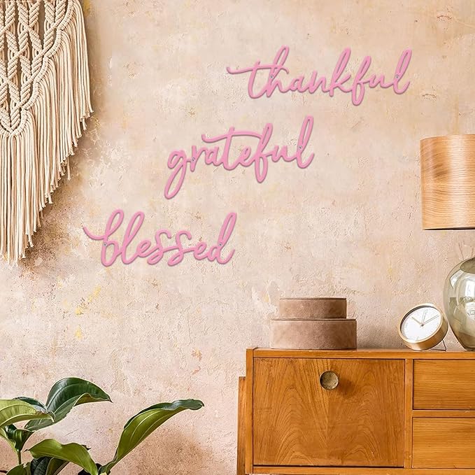 Thankful Grateful Blessed Letter Sign Metal Wall Decor, 3 Pieces Pink Letters Wall Art for Bathroom Bedroom Metal Words Wall Decor for Home Decor (Pink)